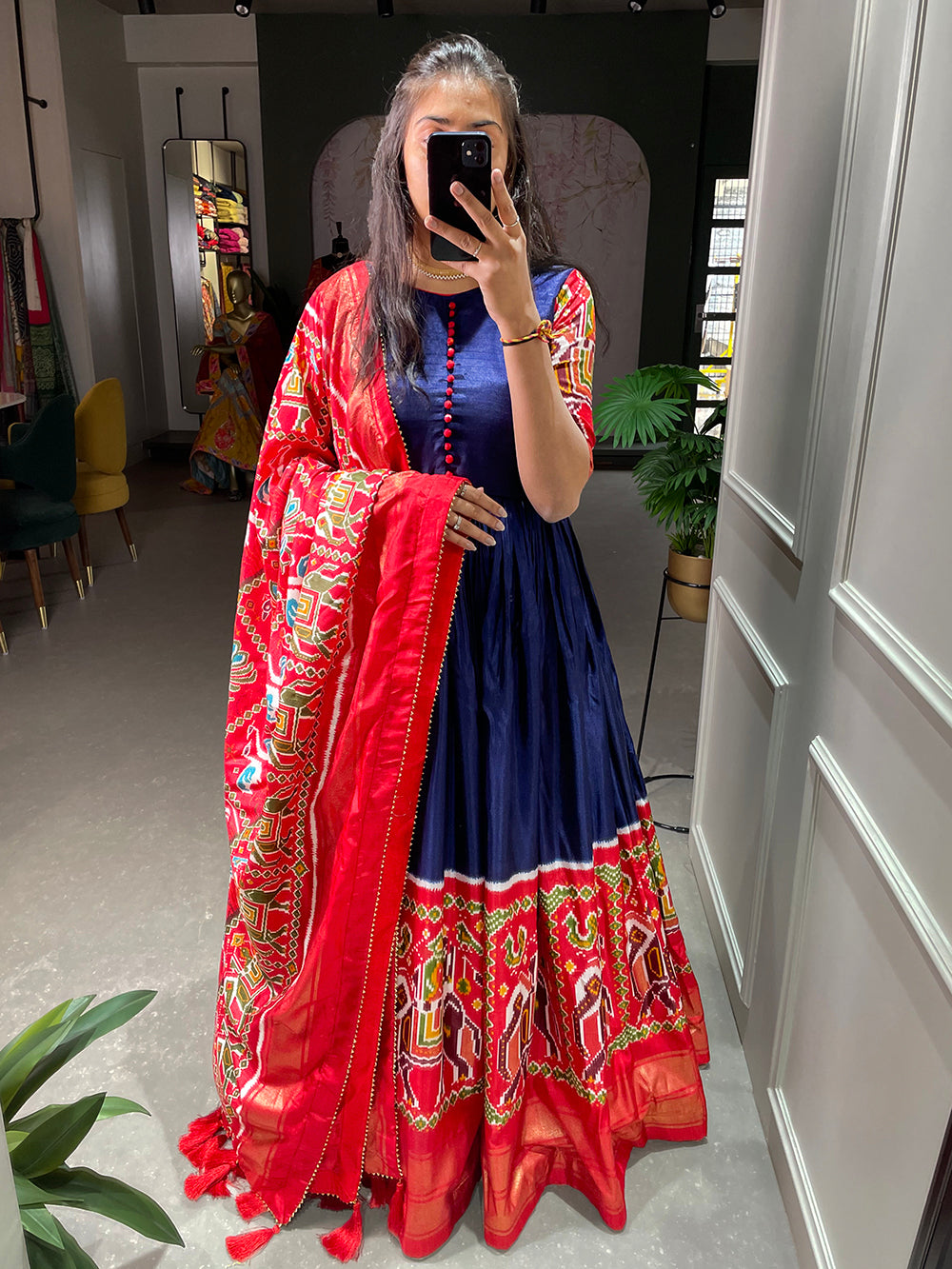 Blue Color Patola And Foil Printed Dola Silk Gown Clothsvilla