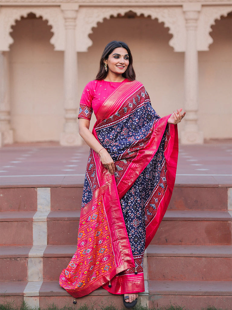 Navy Blue Color Patola with Foil Printed Dola Silk Saree Clothsvilla