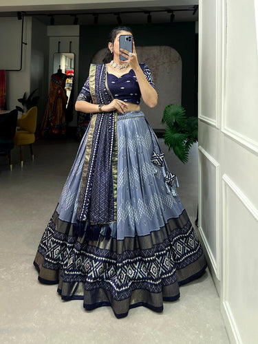 Navy Blue Color Dot And Ikkat Print With Foil Work Tussar Silk Lehenga Choli Clothsvilla