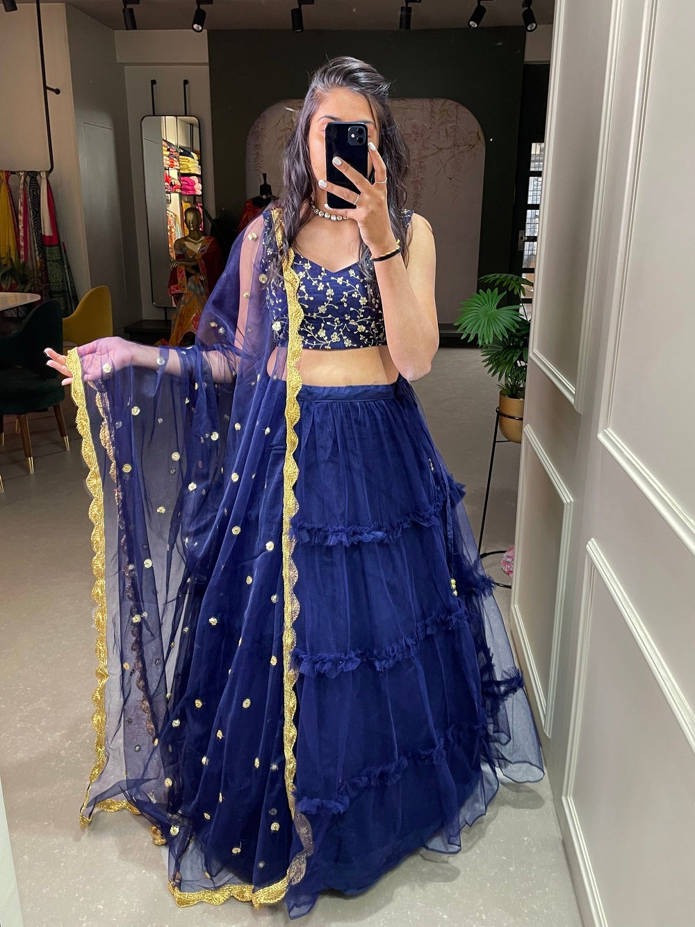 Navy Blue Color Plain net Lehenga Choli - Main Image