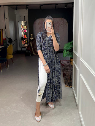 Navy Blue Color Foil and Printed Pure Cotton Kurti Clothsvilla