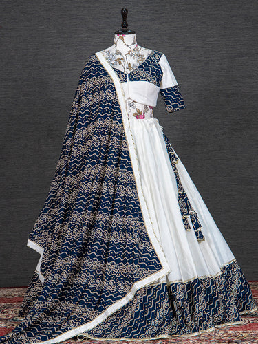 Navy Blue Color Foil And Printed Work Cotton Lehenga Choli Clothsvilla