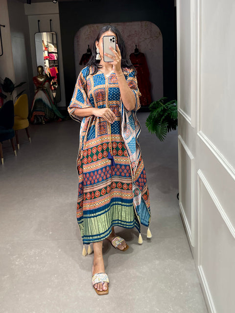 Navy Blue Color Digital Printed Gaji Silk Kaftan ClothsVilla.com Main image