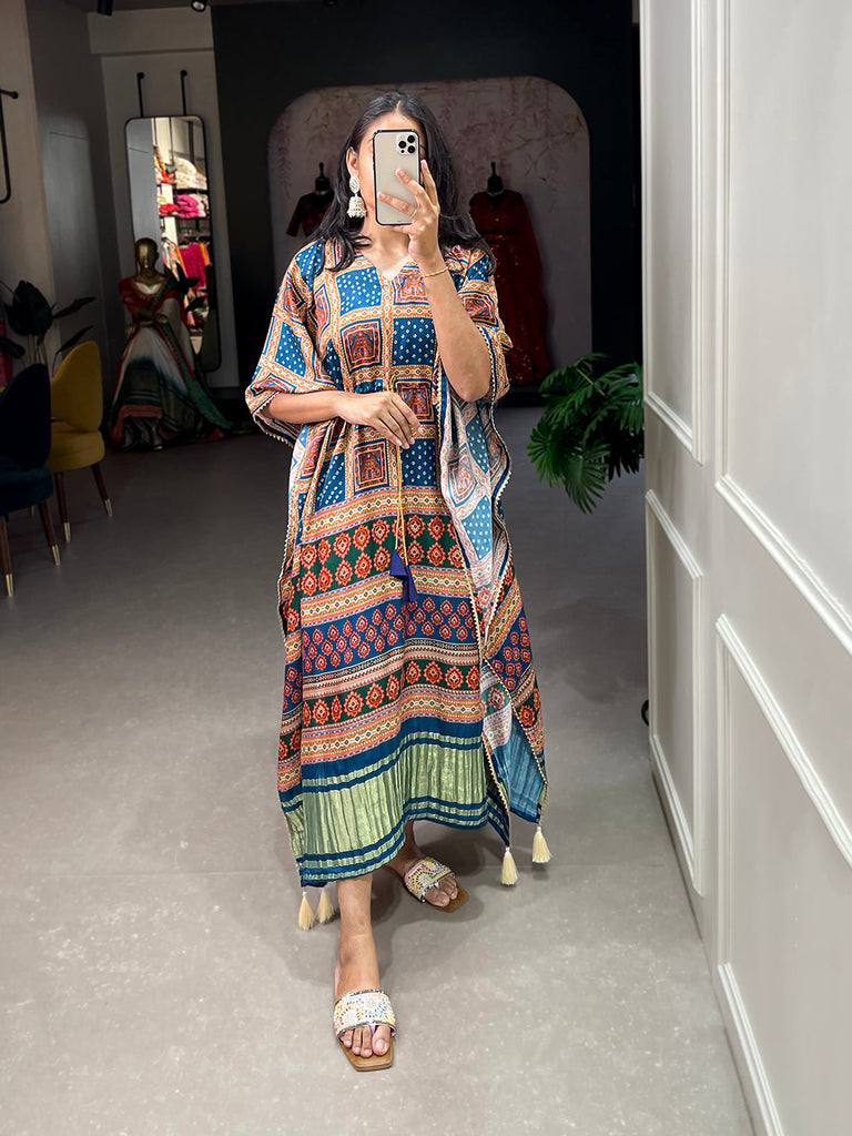 Navy Blue Color Digital Printed Gaji Silk Kaftan ClothsVilla.com