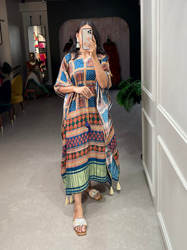 Navy Blue Color Digital Printed Gaji Silk Kaftan ClothsVilla.com