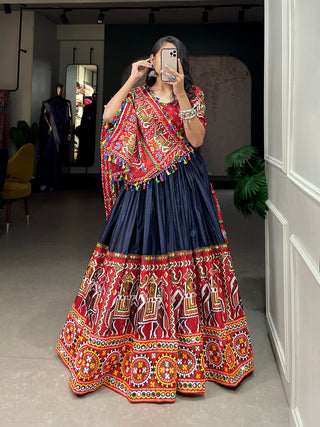 Navy Blue Color Patola Print With Gamthi Work And Mirror Work Dola Silk Chaniya Choli ClothsVilla.com