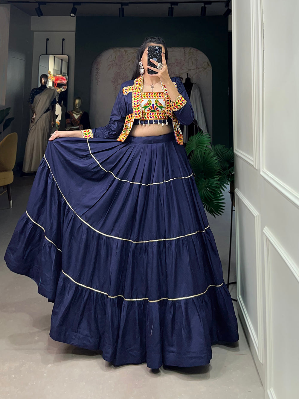 Navy Blue Color Plain With Gota Patti Rayon Gujrati Stylish Chaniya Choli ClothsVilla