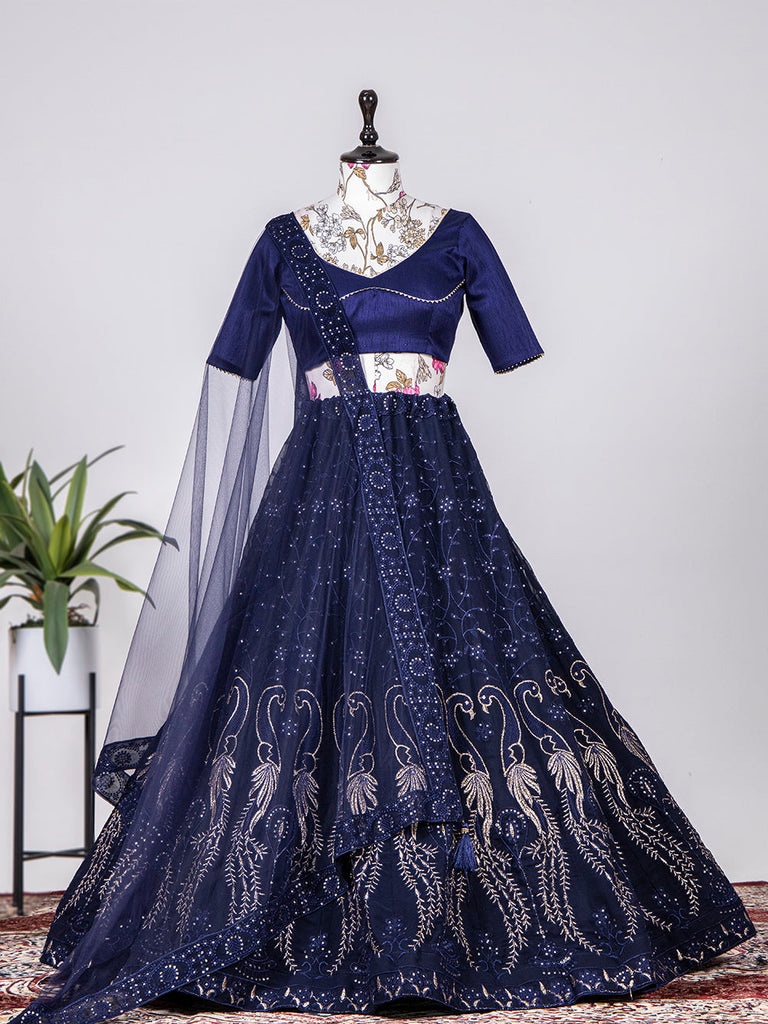 Navy Blue Color Sequins & Thread Embroidery Work Georgette Lehenga Clothsvilla