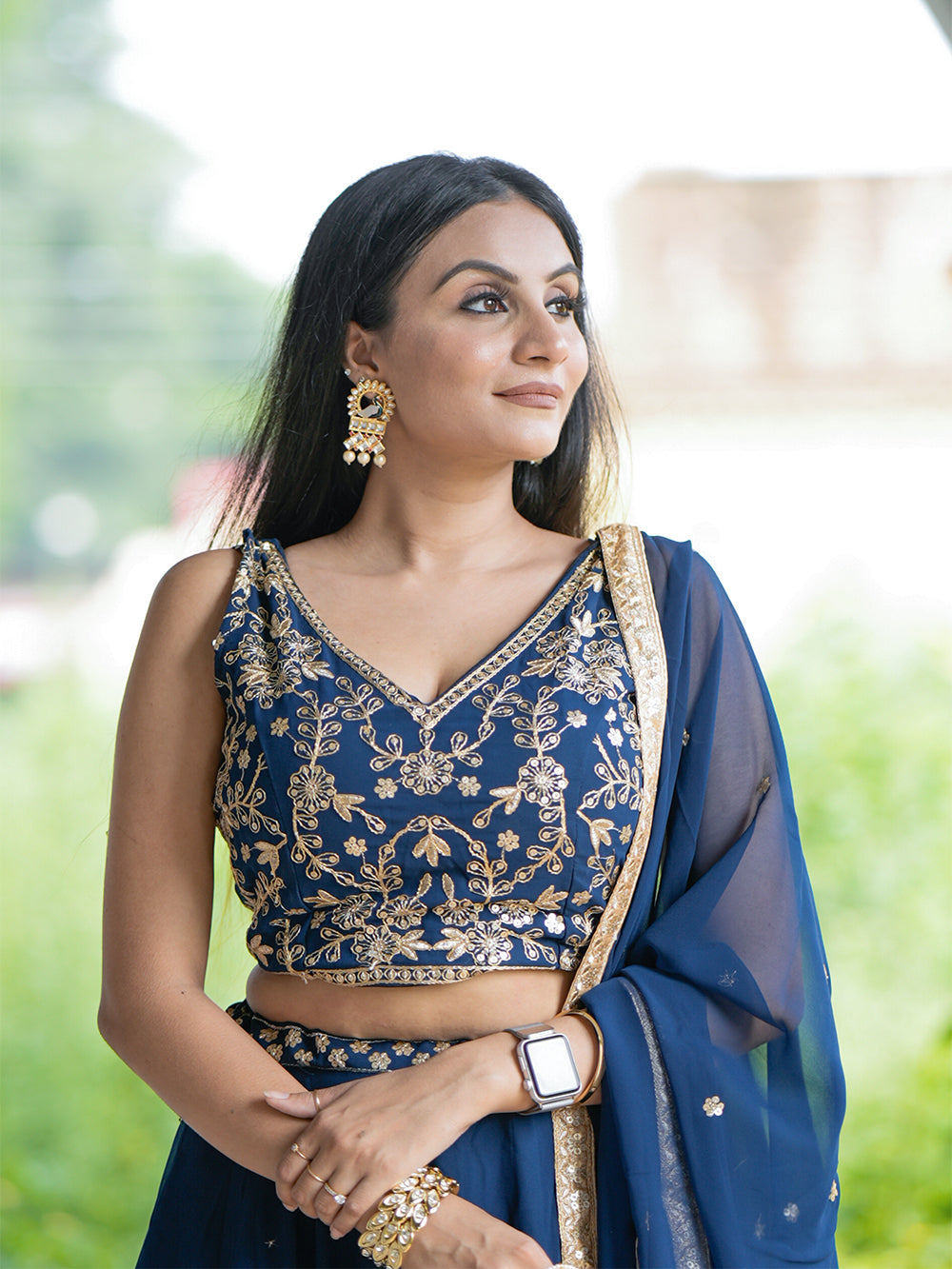 Navy Blue Georgette Sequins And Thread Embroidery Work Lehenga Choli Clothsvilla