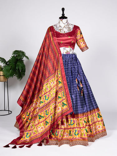 Navy Blue Color Gujarati Patola Print and Sequins Embroidery Chinon Lehenga Choli ClothsVilla