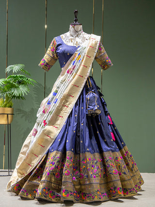 Navy Blue Color Weaving Zari Work Jacquard Paithani Lehenga Sets Clothsvilla
