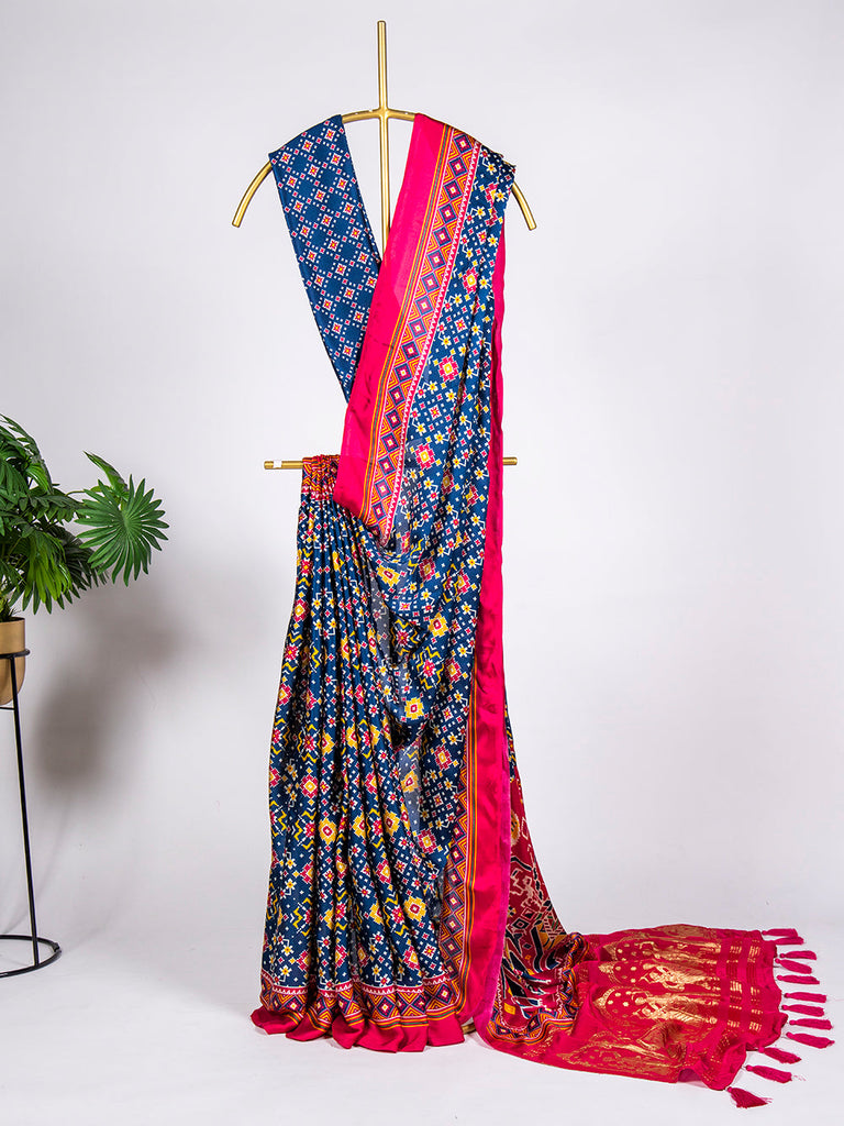 Navy Blue Color Digital Printed Pure Gaji Silk Saree Clothsvilla