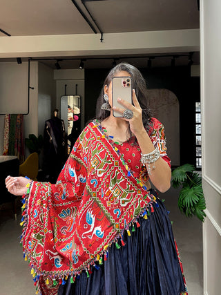 Navy Blue Color Patola Print With Gamthi Work And Mirror Work Dola Silk Chaniya Choli ClothsVilla.com
