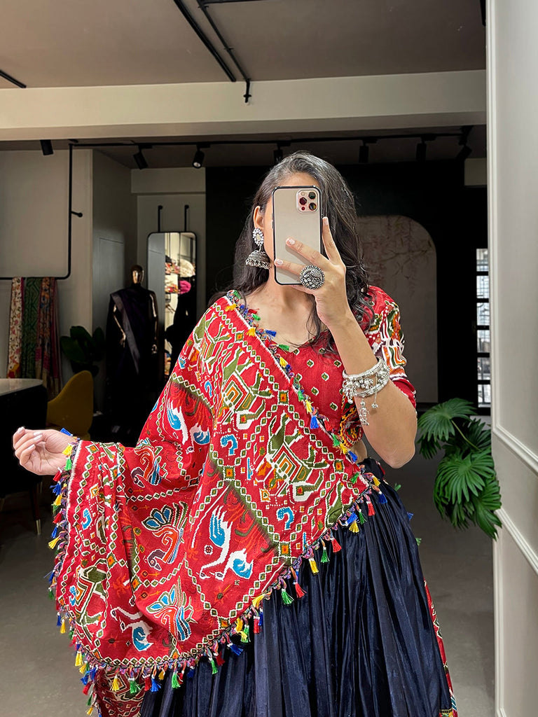 Navy Blue Color Patola Print With Gamthi Work And Mirror Work Dola Silk Chaniya Choli ClothsVilla.com