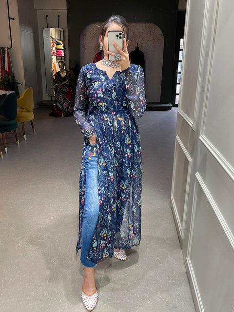Navy Blue Color Floral Printed Chiffon Naira Cut Kurti Clothsvilla Main image