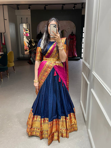 Navy Blue Color Zari Weaving Work Narayan Pet Cotton Half Saree Lehenga Choli Clothsvilla