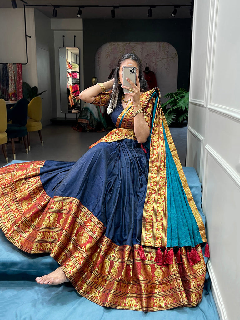 Navy Blue Color Zari Weaving Work Narayan Pet (Cotton) South Indian Lehenga Choli Navy Blue Color Zari Weaving Work Narayan Pet (Cotton) South Indian Lehenga Choli