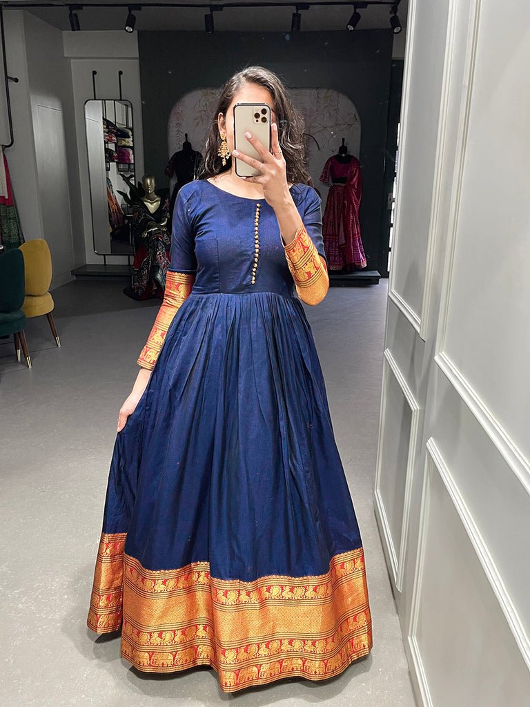 Navy Blue Color Zari Weaving Work Narayan Pet Cotton Gown Clothsvilla