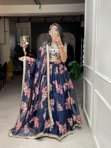 Navy Blue Color Printed And Sequins Embroidery Lace Border Organza Lehenga Choli ClothsVilla.com