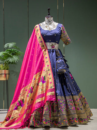 Navy Blue Color Weaving Zari Work Jacquard Paithani Lehenga Choli Clothsvilla