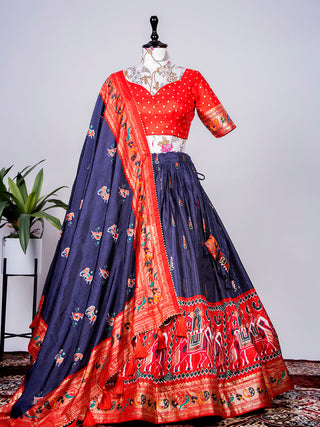 Navy Blue Color Haydrabadi Patola Printed & Foil Work Dola Silk Lehenga Clothsvilla