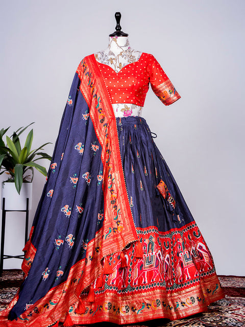 Navy Blue Color Haydrabadi Patola Printed & Foil Work Dola Silk Lehenga Clothsvilla Main image
