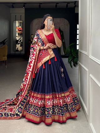 Navy Blue Color Ikkat Patola Print With Foil Work Tussar Silk Lehenga Choli ClothsVilla