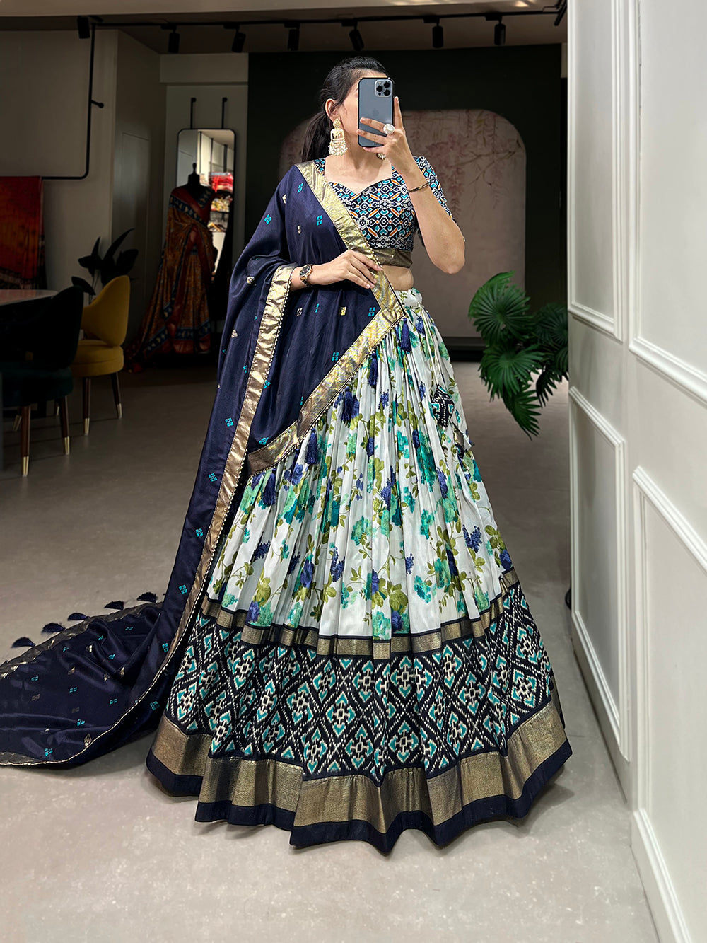 Navy Blue Color Floral And Patola Printed With Foil Work Tussar Silk Traditional Lehenga Choli Clothsvilla Main image