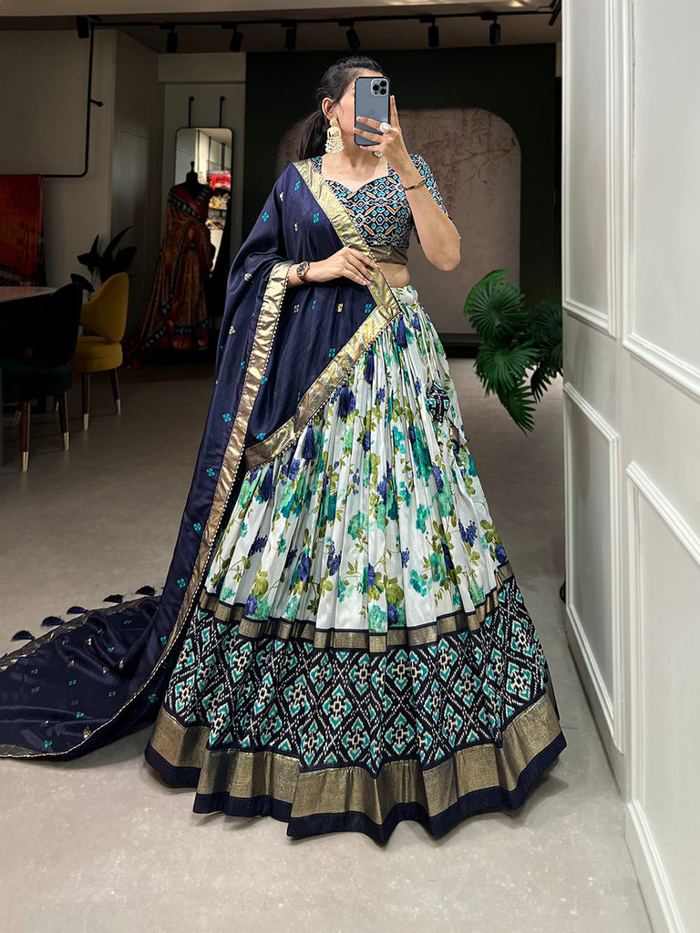 Navy Blue Color Floral And Patola Printed With Foil Work Tussar Silk Traditional Lehenga Choli Clothsvilla