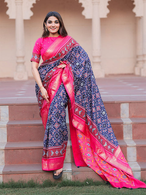 Navy Blue Color Patola with Foil Printed Dola Silk Saree Clothsvilla Main image