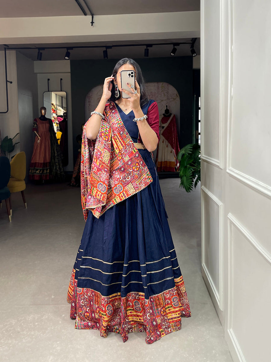 Navy Blue Color Plain And Printed With Gotta Patti Cotton For Navratri  Chaniya Choli