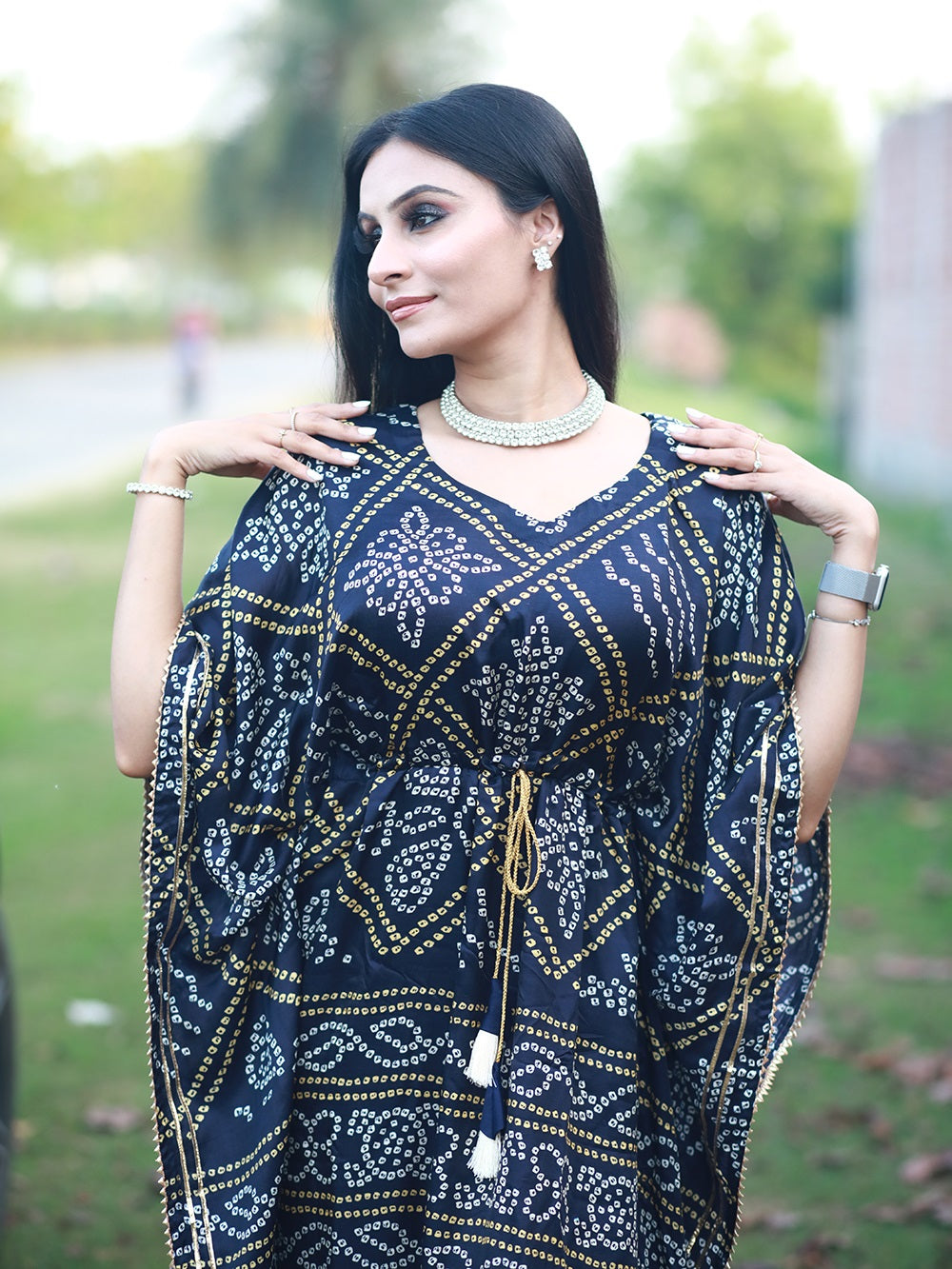 Navy Blue Color Bandhani Printed Pure Gaji Silk Kaftan Clothsvilla
