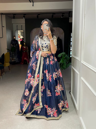 Navy Blue Color Printed And Sequins Embroidery Lace Border Organza Lehenga Choli ClothsVilla.com