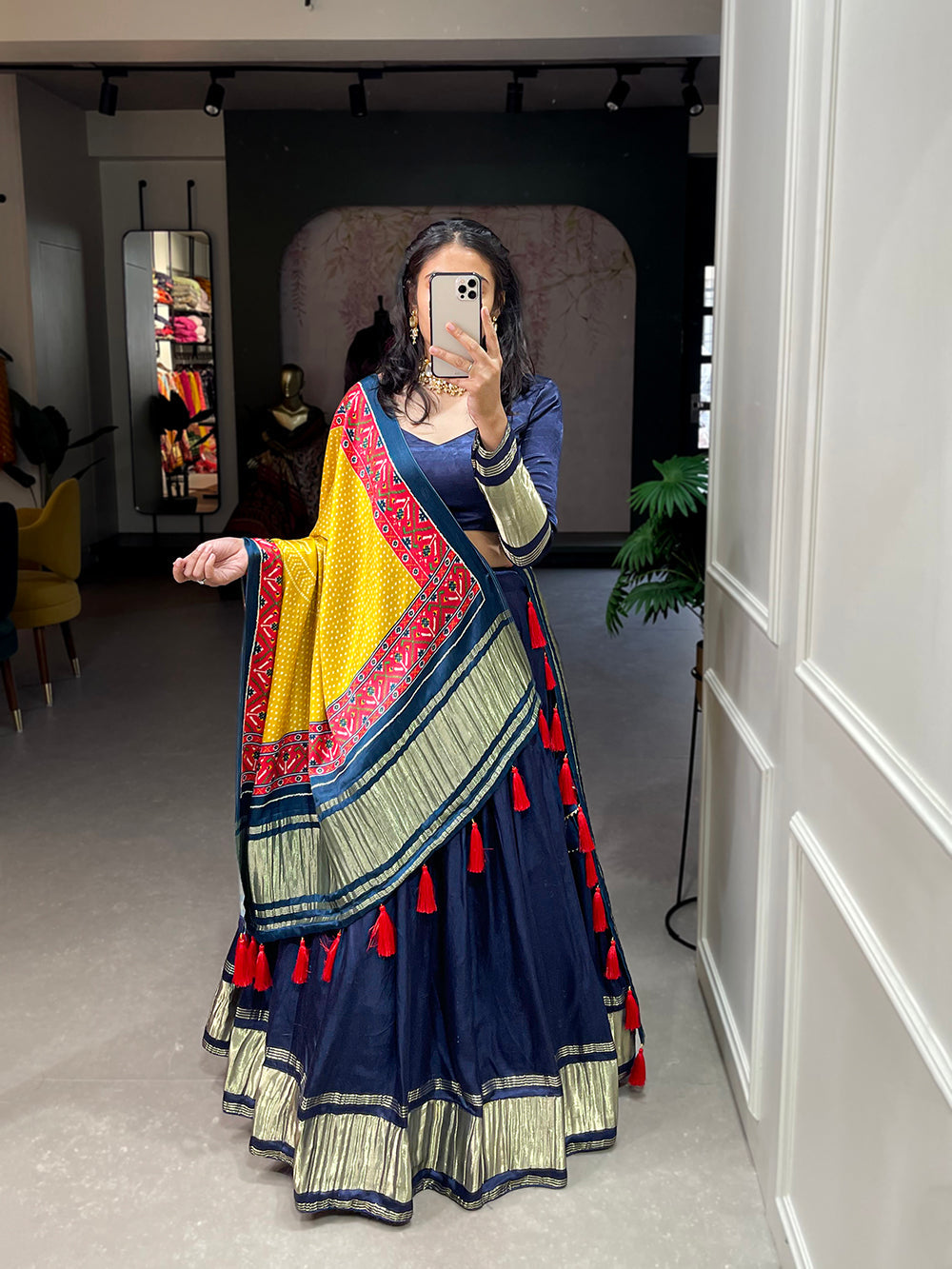 Navy Blue Color Dyeing With Lagdi Patta Gaji Silk Lehenga Choli ClothsVilla.com Main image