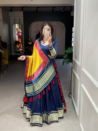 Navy Blue Color Dyeing With Lagdi Patta Gaji Silk Lehenga Choli ClothsVilla.com