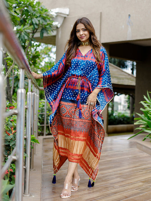 Navy Blue Color Digital Bandhej Print Pure Gaji Silk kaftan Clothsvilla Main image