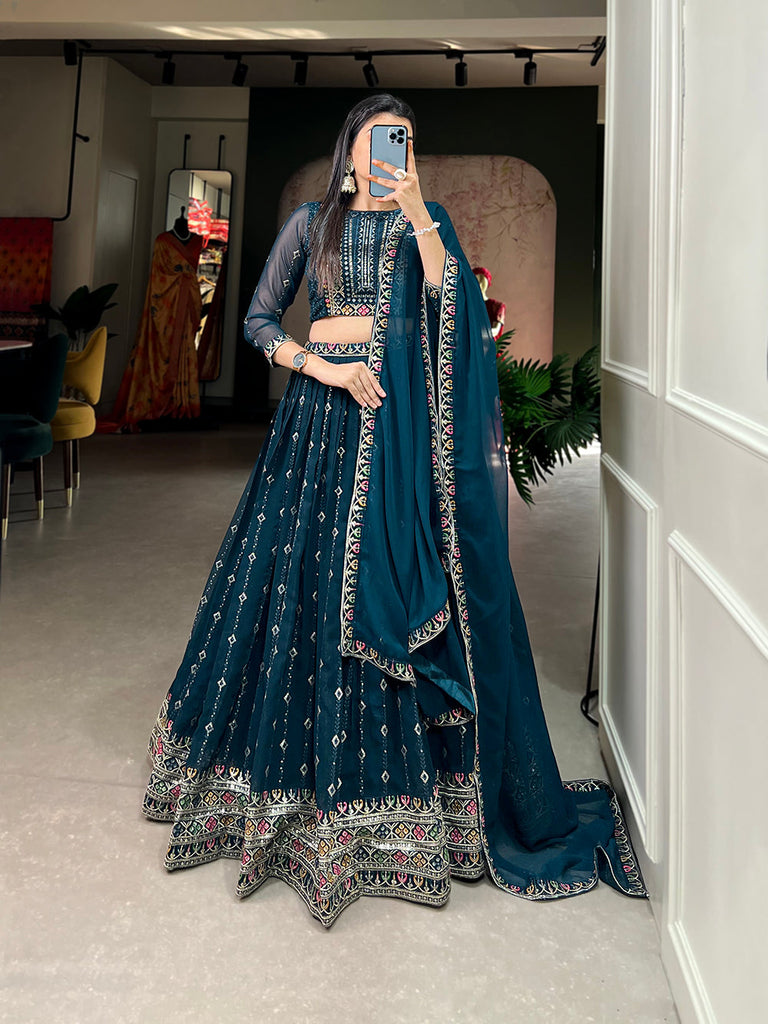 Navy Blue Color Sequins And Thread Embroidery Work Georgette Lehenga Choli Clothsvilla