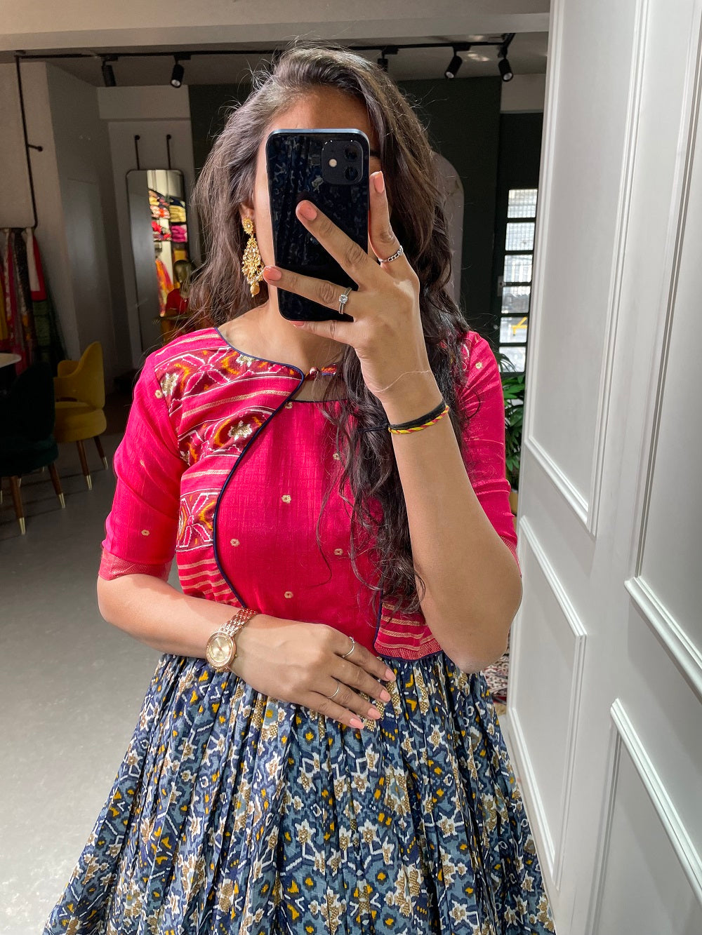 Navy Blue Color Patola Paithani Printed And Foil Printed Dola Silk Gown Clothsvilla