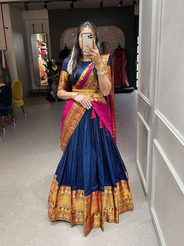 Navy Blue Color Zari Weaving Work Narayan Pet Cotton Half Saree Lehenga Choli Clothsvilla