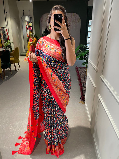 Navy Blue Color Patola Paithani Printed with Foil Work Dola Silk Saree Clothsvilla Main image