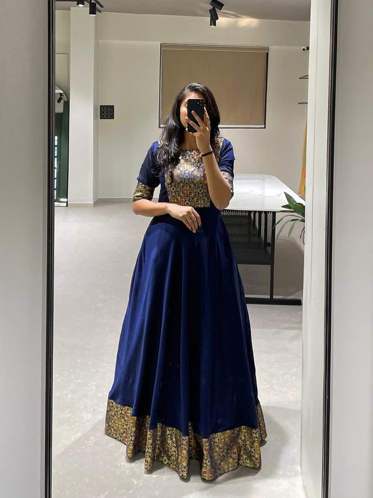 Navy Blue Color Weaving Zari Work rangoli Silk Gown Dress Clothsvilla