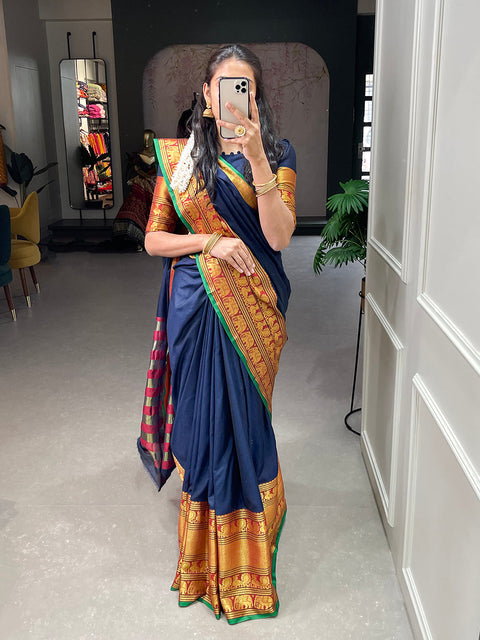 Navy Blue Color Zari Weaving Work Narayan Pet Saree Clothsvilla Main image