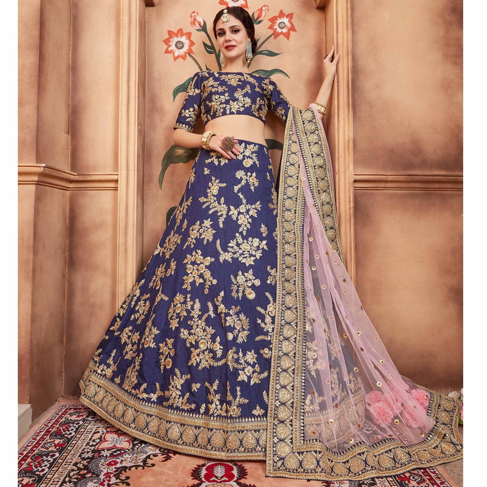 Navy Blue Festive Wear Dori Sequins Work Art Silk Lehenga Choli Clothsvilla
