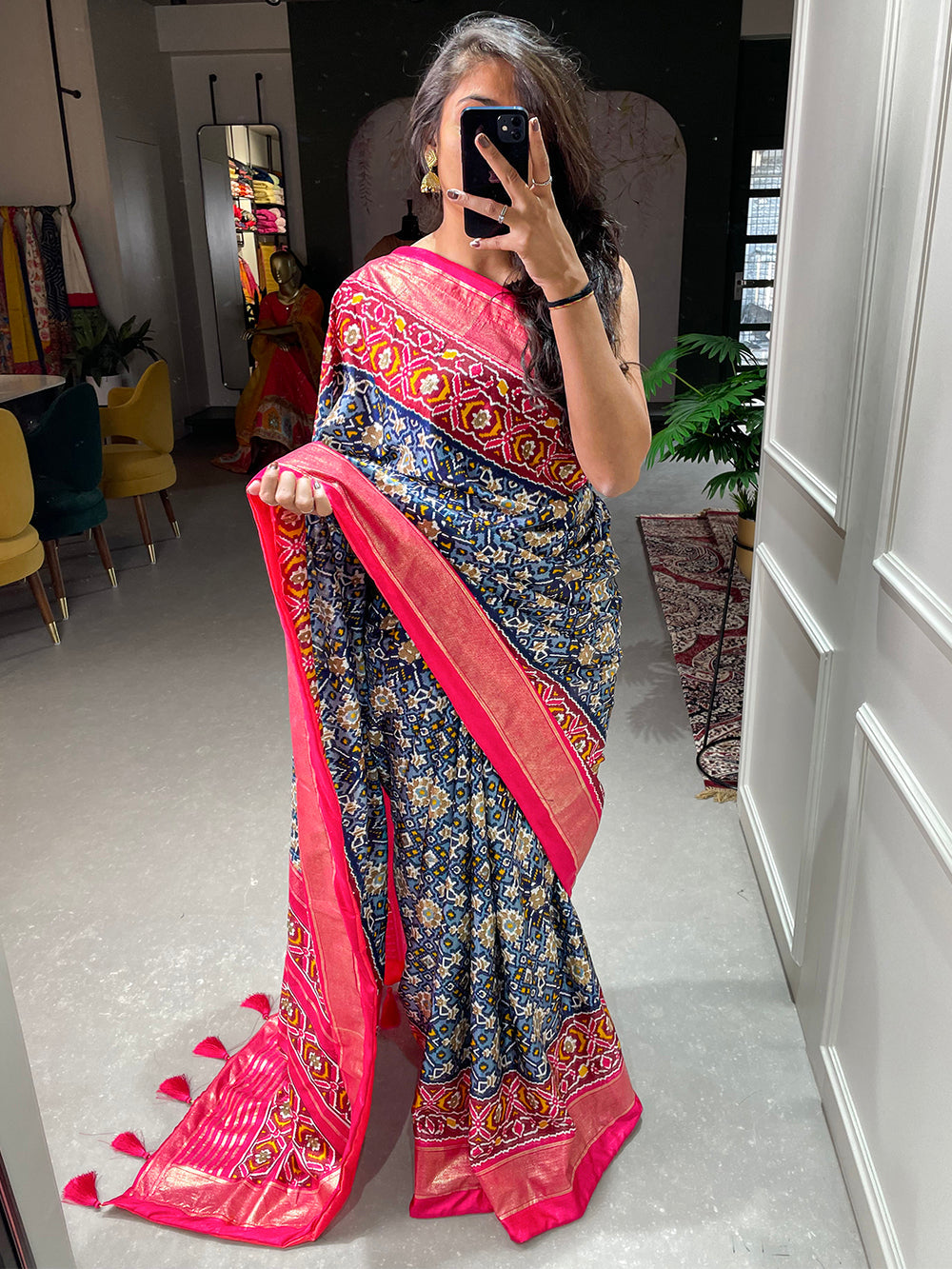 Navy Blue Color Patola Printed Dola Silk Saree Clothsvilla Main image