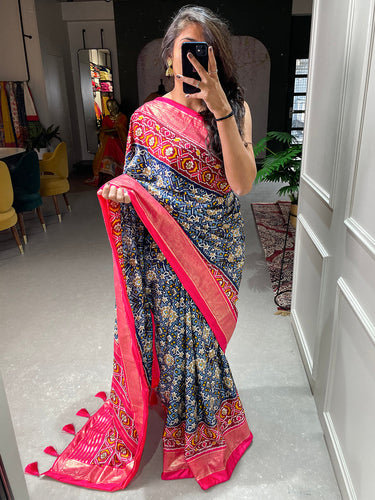Navy Blue Color Patola Printed Dola Silk Saree Clothsvilla