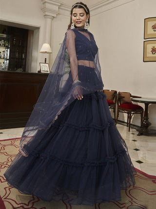 Navy Blue Net Embroidered Lehenga Choli Clothsvilla