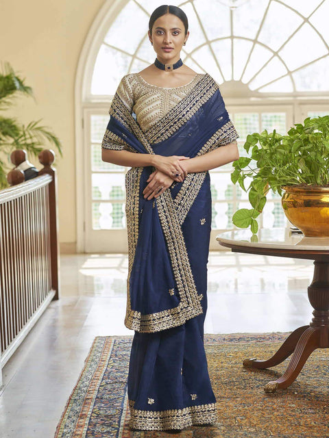 NEVY Blue Organza ZARI SEQUINS Saree  With Heavy Blouse Clothsvilla Main image