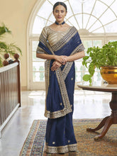 Load image into Gallery viewer, NEVY Blue Organza ZARI SEQUINS Saree  With Heavy Blouse Clothsvilla