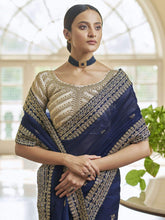 Load image into Gallery viewer, NEVY Blue Organza ZARI SEQUINS Saree  With Heavy Blouse Clothsvilla