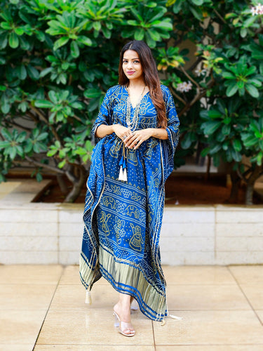 Navy Blue Color Digital Bandhej Printed Pure Gaji Silk Kaftan Clothsvilla
